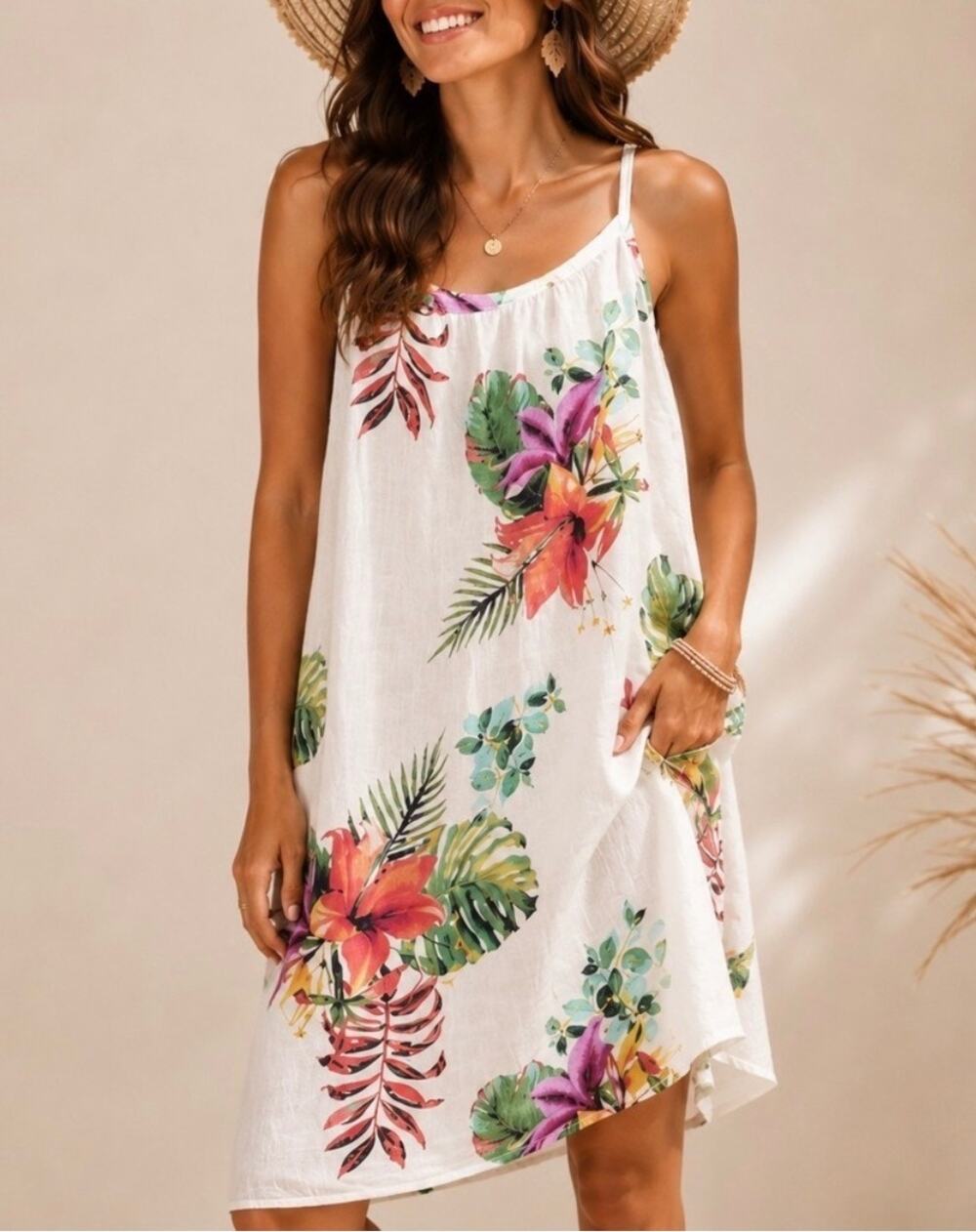 LUNGO L'ARNO Women's 100% Linen Tropical Floral Sleeveless Dress